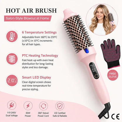 Thermal Brush, Blowout Boost 1.5 inch Heated Round Brush for Blowout Look, Dual Voltage, Tourmaline Ceramic, Negative Ion Technology, 6 Temperature Settings, Less Damage