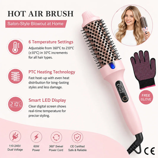Thermal Brush, Blowout Boost 1.5 inch Heated Round Brush for Blowout Look, Dual Voltage, Tourmaline Ceramic, Negative Ion Technology, 6 Temperature Settings, Less Damage